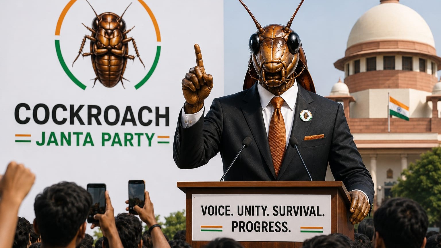 Cockroach-headed figure addressing a crowd at a political-style event.