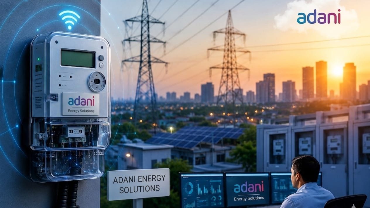 A modern smart electricity meter connected to a digital energy network, with power transmission towers, a city skyline, solar panels, and an energy monitoring control center in the background.