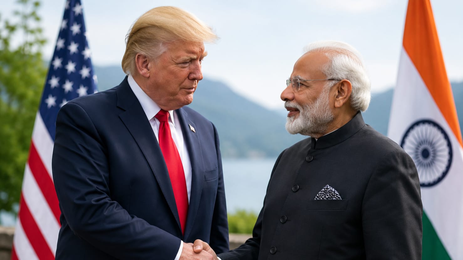 AI-generated illustration showing Donald Trump and Narendra Modi shaking hands during a diplomatic meeting at a G7 Summit-style venue, with the United States and India flags displayed in the background.