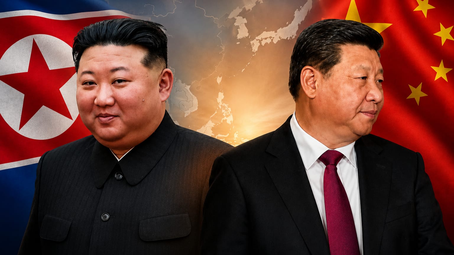 A political editorial image featuring Chinese President Xi Jinping and North Korean leader Kim Jong Un standing against the flags of China and North Korea with a map of Asia in the background.